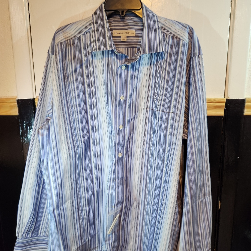 Pronto-Uomo Men's XXL Blue Striped Shirt Long Sleeve